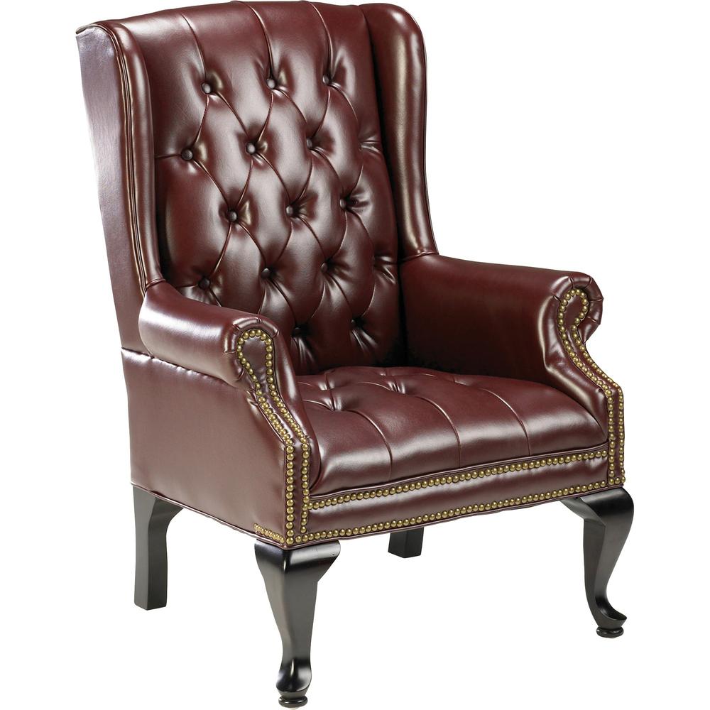 Lorell Berkeley Series Queen Anne Wing-Back Reception Chair - Burgundy Vinyl Seat - Mahogany Hardwood Frame - Four-legged Base - Oxblood - Wood - 1 Each. Picture 1