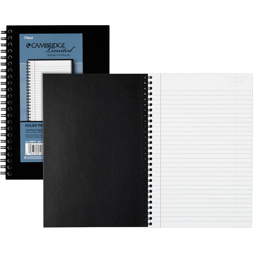 Cambridge Limited Business Notebooks - 80 Sheets - Wire Bound - College Ruled - 0.28" Ruled - 20 lb Basis Weight - 8" x 5" - White Paper - Black Binding - BlackLinen Cover - Bond Paper, Perforated, Su. Picture 1