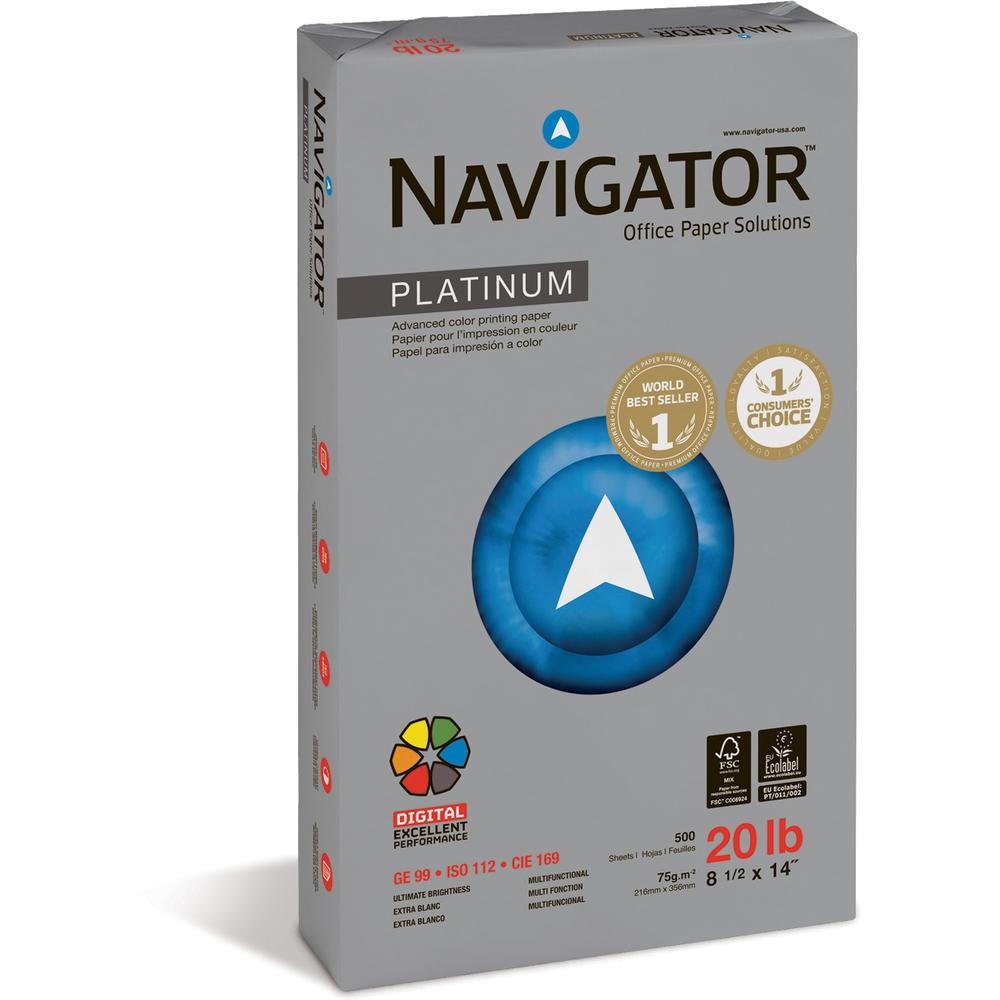 Navigator Platinum Office Multipurpose Paper - 99 Brightness - Legal - 8 1/2" x 14" - 20 lb Basis Weight - Smooth - 5000 / Carton - Chlorine-free - Bright White. Picture 1