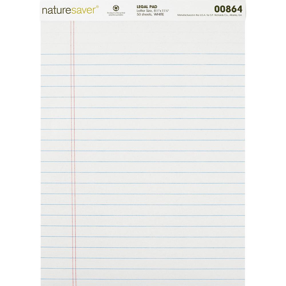 Nature Saver Recycled Legal Ruled Pads - 50 Sheets - 0.34" Ruled - 15 lb Basis Weight - 8 1/2" x 11 3/4" - White Paper - Perforated, Stiff-back, Easy Tear, Back Board - Recycled - 1 / Dozen. Picture 1