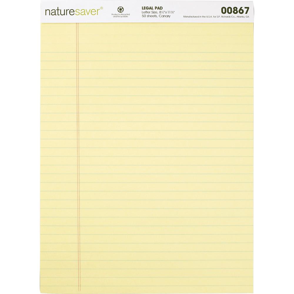 Nature Saver 100% Recycled Canary Legal Ruled Pads - 50 Sheets - 0.34" Ruled - 15 lb Basis Weight - 8 1/2" x 11 3/4" - Canary Paper - Perforated, Stiff-back, Back Board, Easy Tear - Recycled - 1 Dozen. Picture 1