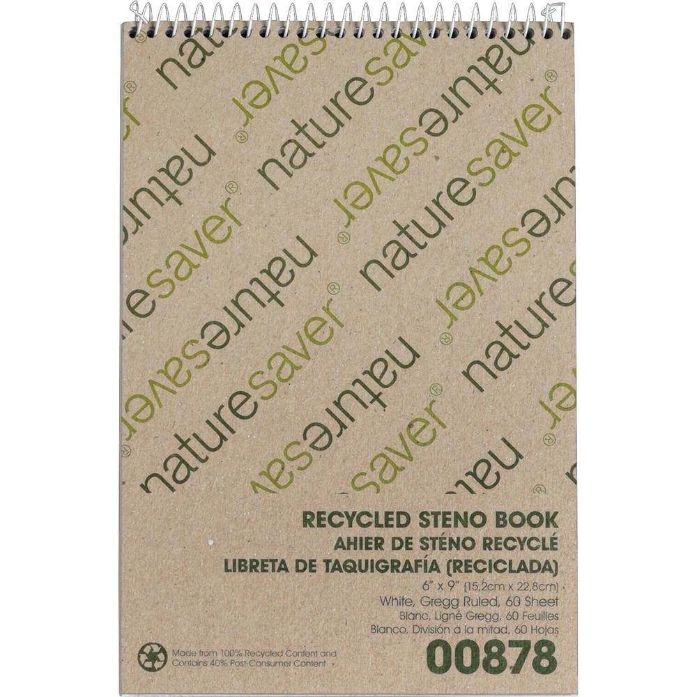 Nature Saver Recycled Steno Book - 60 Sheets - Spiral - 6" x 9" - White Paper - Chipboard Cover - Back Board - Recycled - 1 Each. The main picture.
