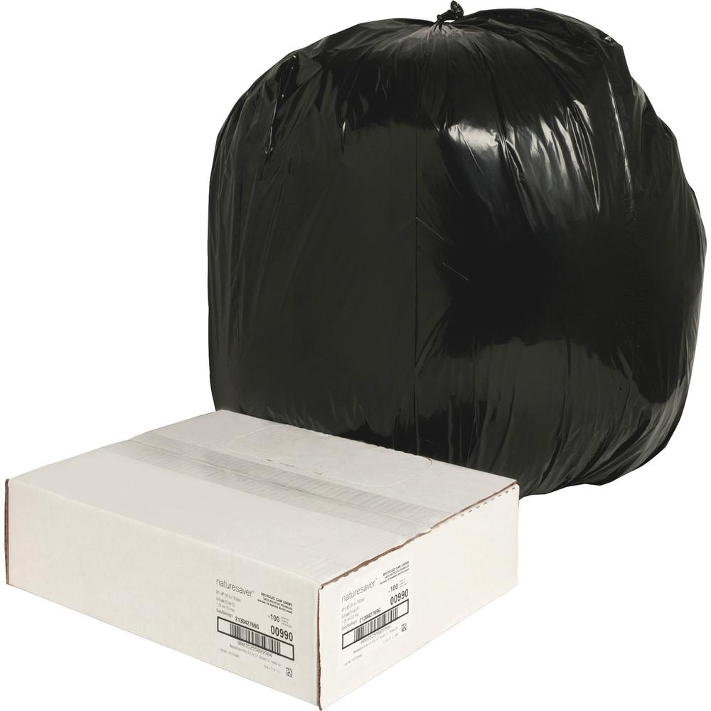 Nature Saver Black Low-density Recycled Can Liners - Large Size - 45 gal Capacity - 40" Width x 46" Length - 1.25 mil (32 Micron) Thickness - Low Density - Black - Plastic - 100/Carton - Cleaning Supp. Picture 1