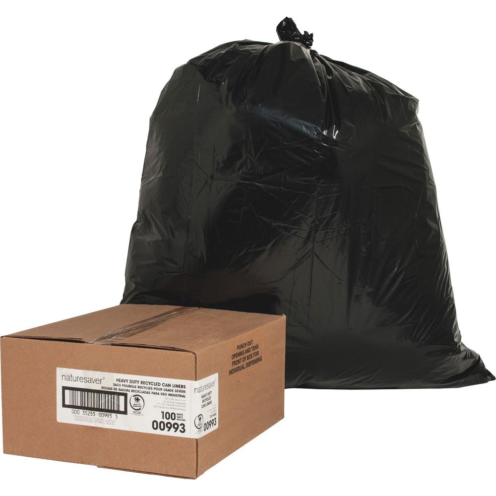 Nature Saver Black Low-density Recycled Can Liners - Medium Size - 33 gal Capacity - 1.65 mil (42 Micron) Thickness - Low Density - Black - Plastic - 100/Carton - Cleaning Supplies. The main picture.