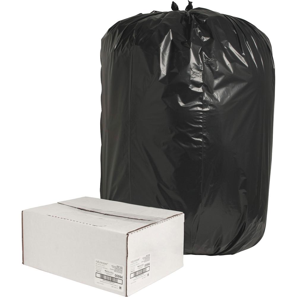 Nature Saver Black Low-density Recycled Can Liners - Extra Large Size - 60 gal - 38" Width x 58" Length x 1.65 mil (42 Micron) Thickness - Low Density - Black - Plastic - 100/Carton - Cleaning Supplie. The main picture.
