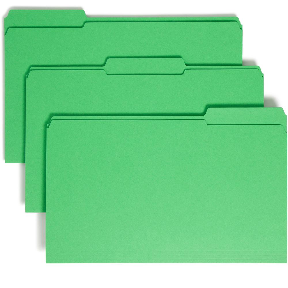 Smead Colored 1/3 Tab Cut Legal Recycled Top Tab File Folder - 8 1/2" x 14" - Top Tab Location - Assorted Position Tab Position - Green - 10% Recycled - 100 / Box. Picture 1