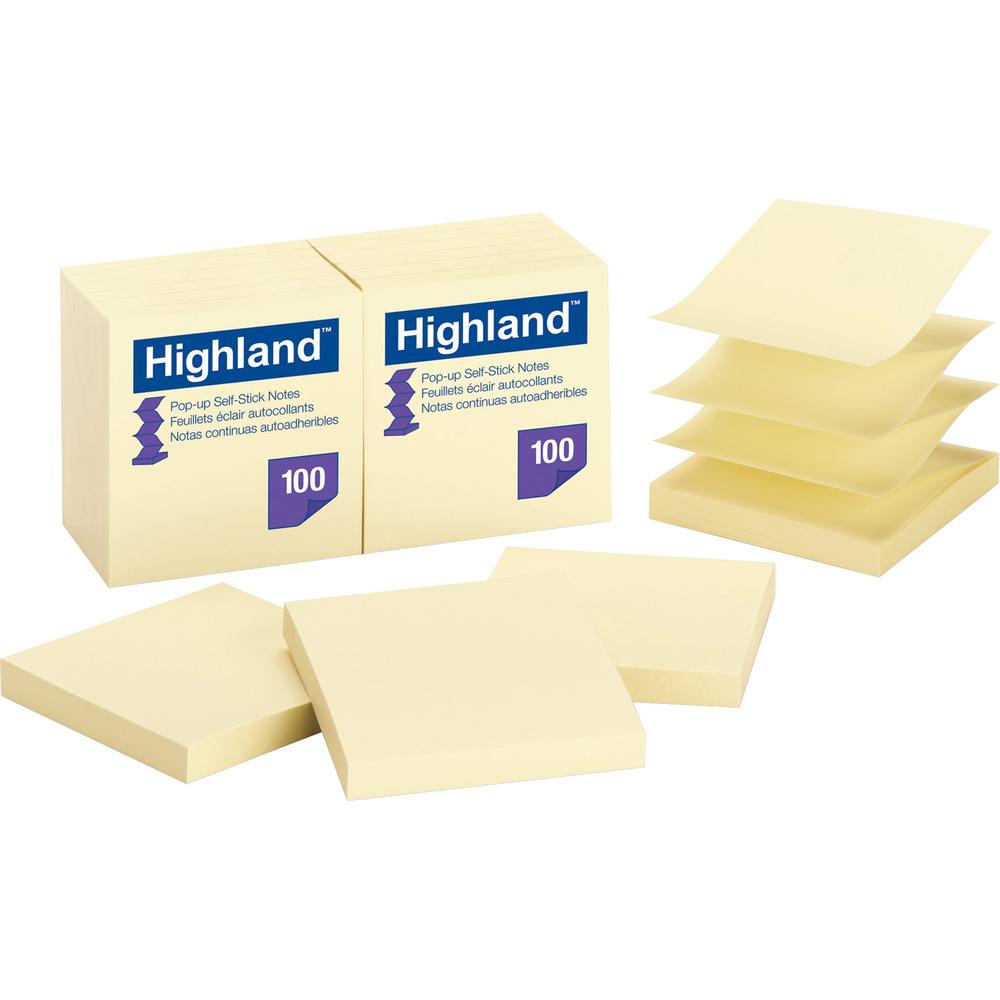 Highland Self-sticking Notepads - 1200 - 3" x 3" - Square - 100 Sheets per Pad - Unruled - Yellow - Paper - Self-adhesive, Repositionable, Removable, Pop-up - 12 / Pack. Picture 1