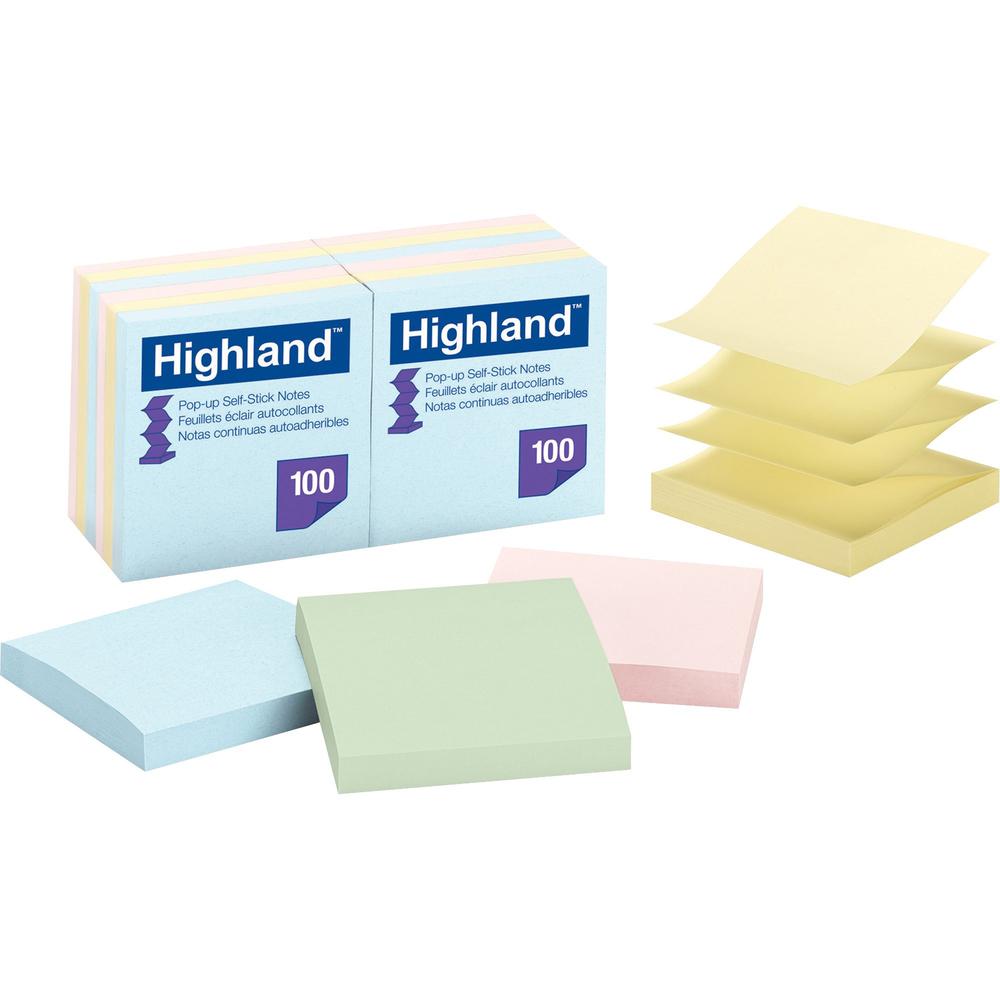 Highland Self-sticking Pastel Pop-up Notepads - 1200 - 3" x 3" - Square - 100 Sheets per Pad - Unruled - Assorted Pastel - Paper - Pop-up, Self-adhesive, Repositionable, Removable - 12 / Pack. Picture 1