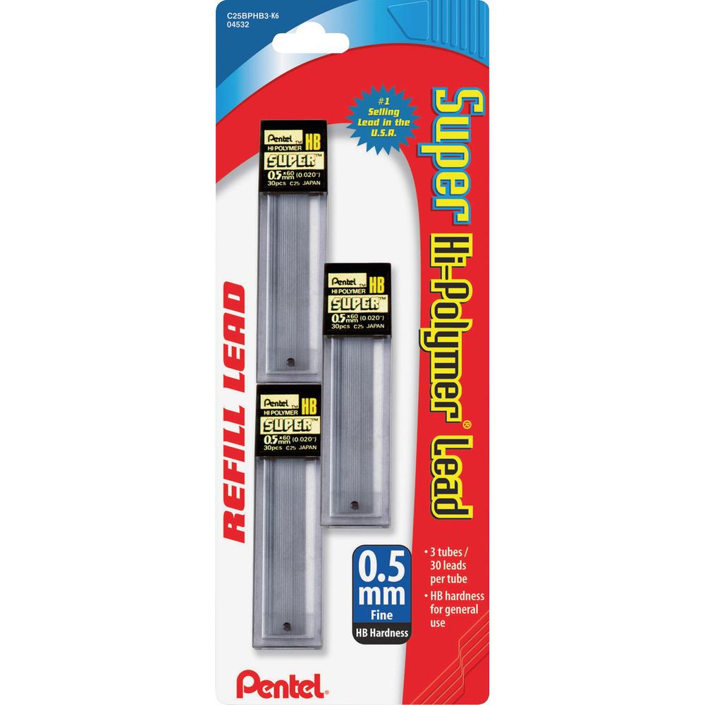 Pentel Super Hi-Polymer Leads - 0.5 mmFine Point - HB - Black - 3 / Pack. Picture 1