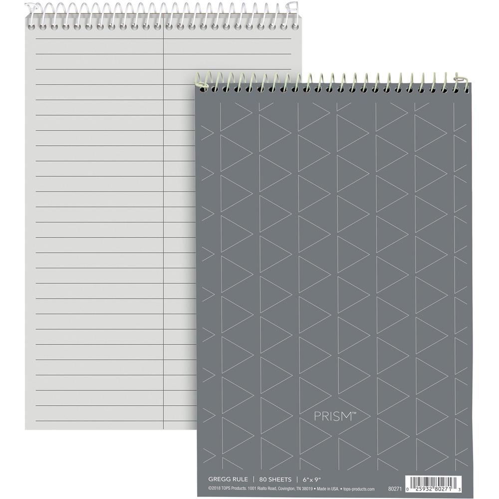 TOPS Prism Steno Books - 80 Sheets - Coilock - Gregg Ruled Margin - 6" x 9" - Gray Paper - Stiff-back, Perforated - 4 / Pack. Picture 1