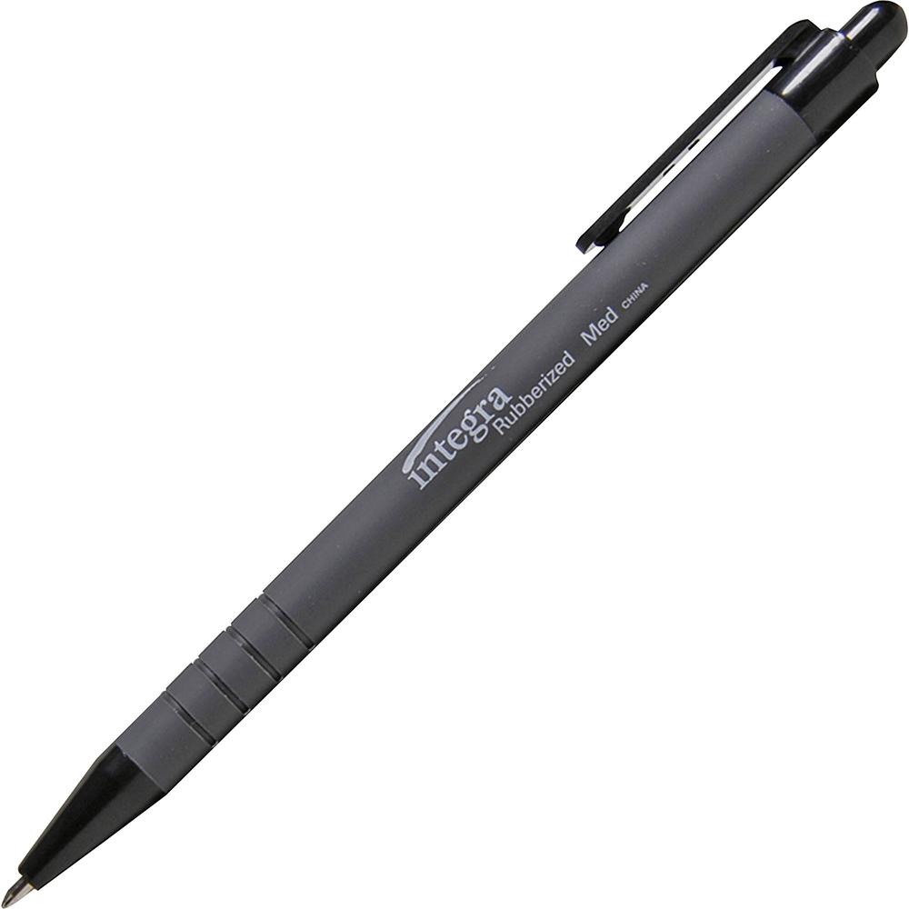 Integra Rubber Barrel Retractable Ballpoint Pens - Medium Pen Point - 1 mm Pen Point Size - Retractable - Black - Rubber Barrel - 1 Dozen. Picture 1