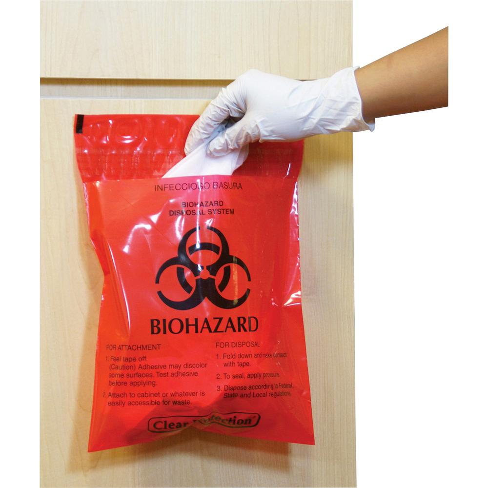 CareTek Stick-On Biohazard Infectious Waste Bags - 1.40 quart Capacity - 12" Width x 14" Length - 2 mil (51 Micron) Thickness - Red - 100/Box. Picture 1