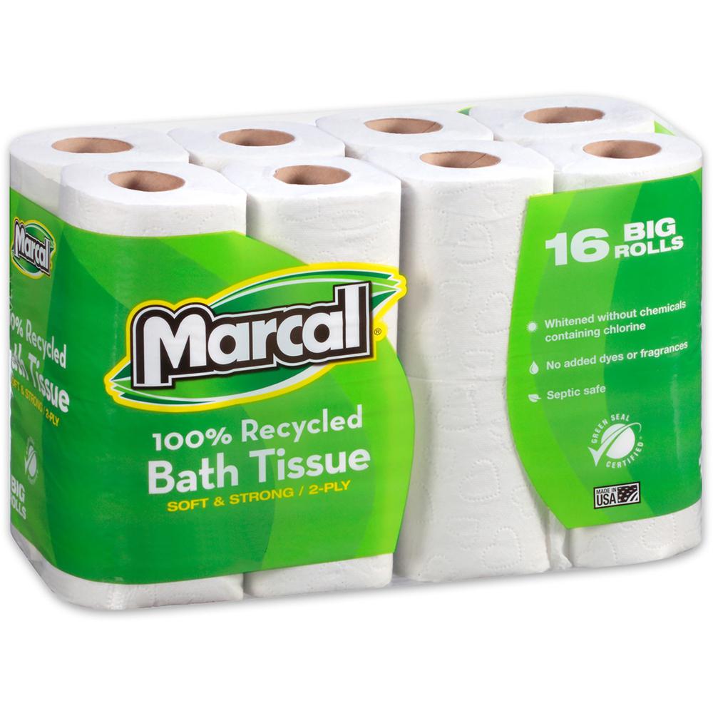 Marcal 100% Recycled Soft/Strong Bath Tissue - 2 Ply - 4.20" x 3.60" - 168 Sheets/Roll - White - 16 Rolls Per Container - 6 / Carton. Picture 1