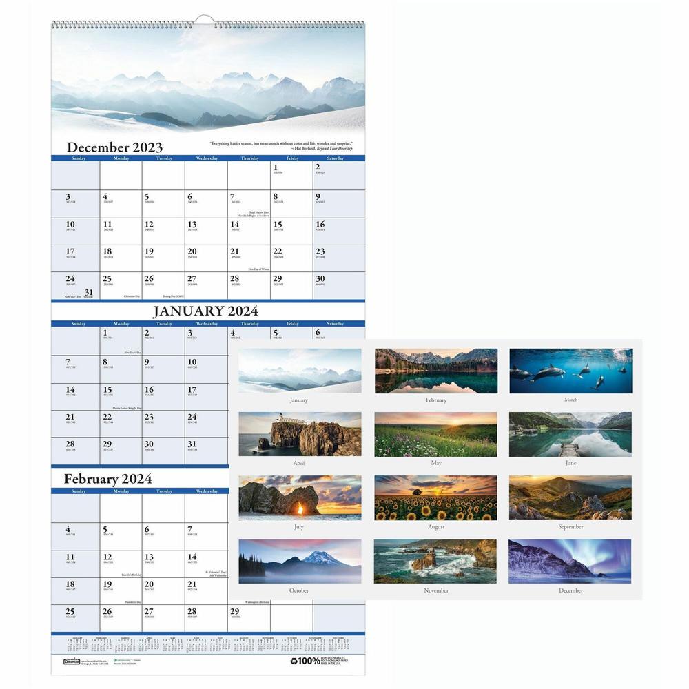House of Doolittle Scenic 3-month Wall Calendar - Julian Dates - 14 Month - December 2023 - January 2025 - 3 Month Single Page Layout - 12 1/4" x 27" Sheet Size - 1.75" x 1.13" Block - Wire Bound - Wh. Picture 1