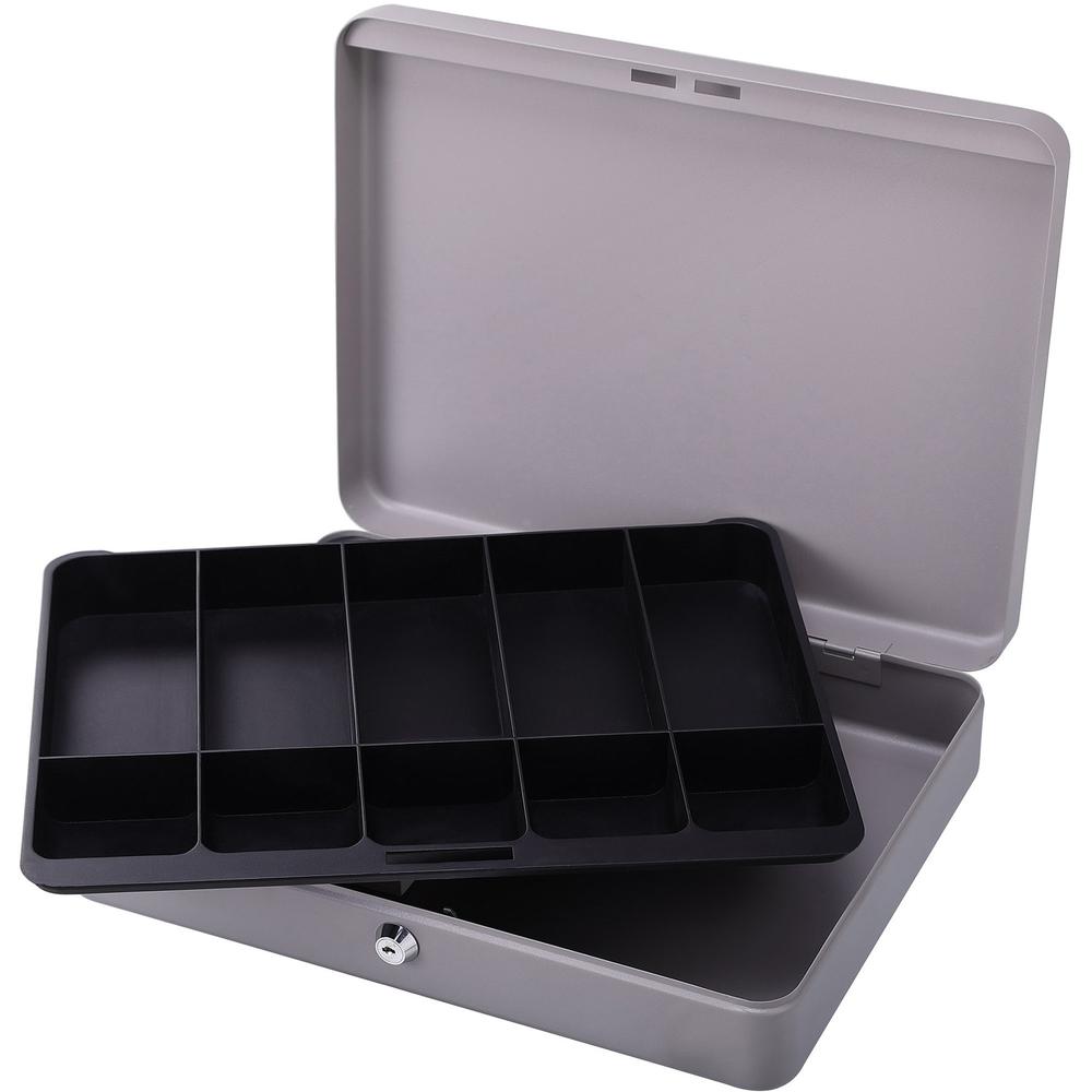 Sparco All-Steel Locking Cash Box with Tray - 5 Bill - 5 Coin - Steel - Gray - 2" Height x 10.5" Width x 15" Depth. Picture 1