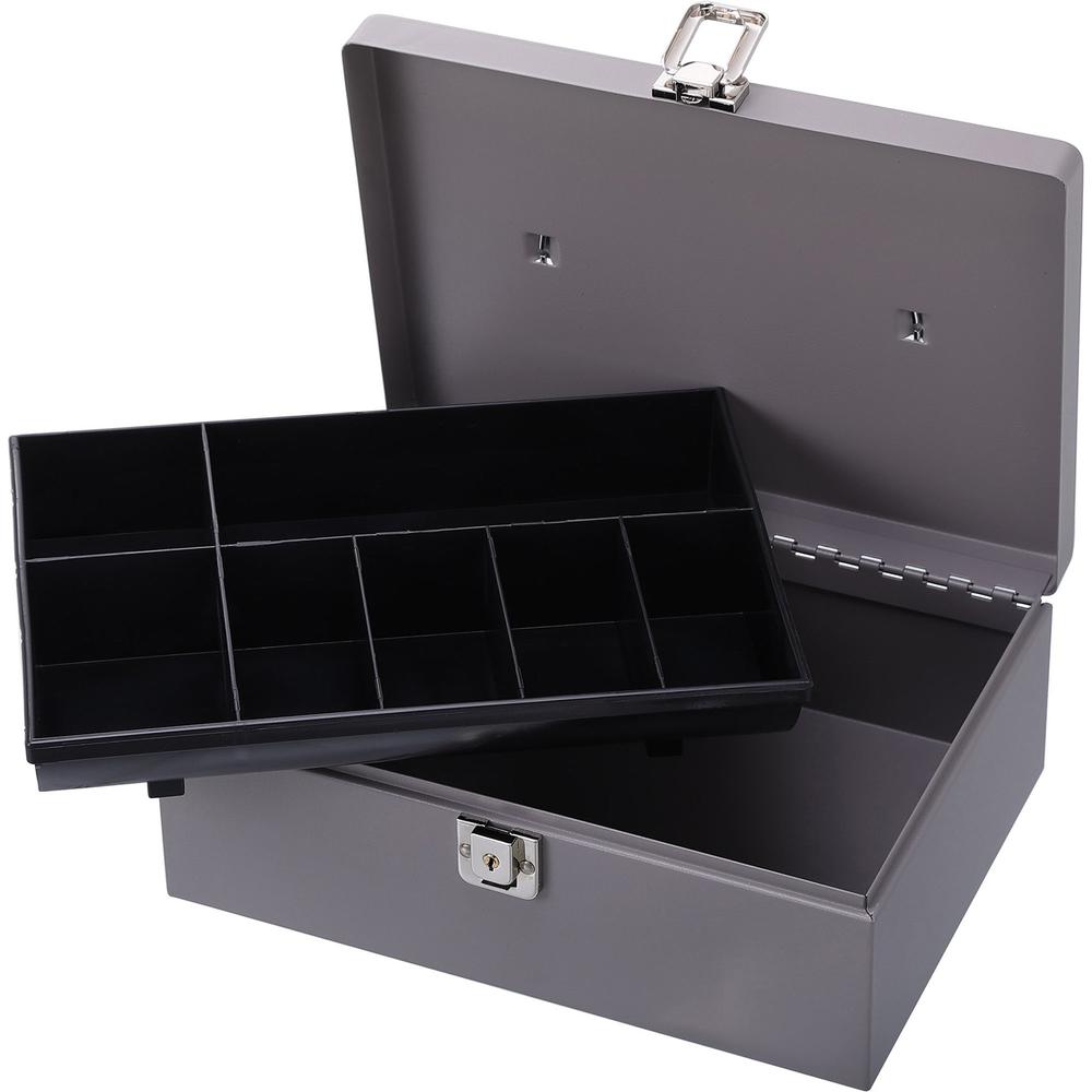 Sparco All-Steel Cash Box with Latch Lock - 1 Bill - 6 Coin - Steel - Gray - 4" Height x 11" Width x 7.8" Depth. Picture 1