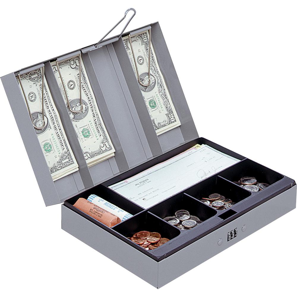Sparco Steel Combination Lock Steel Cash Box - 6 Coin - Steel - Gray - 3.2" Height x 11.5" Width x 7.8" Depth. Picture 1