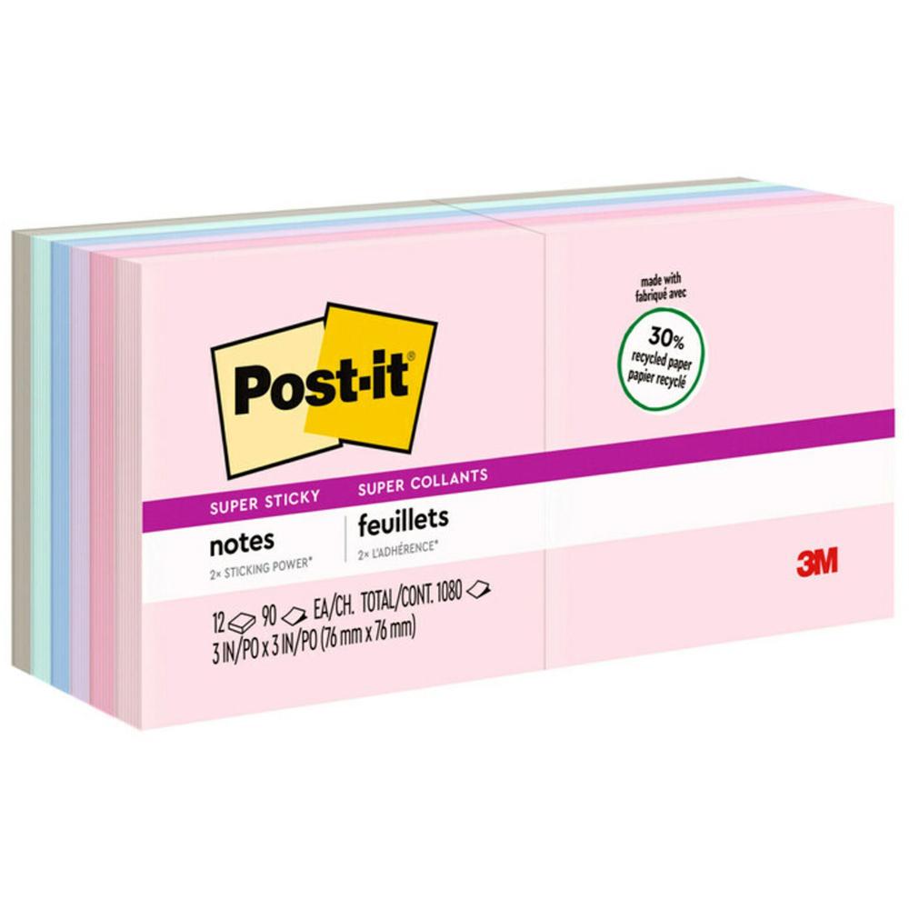 Post-it&reg; Super Sticky Recycled Notes - Wanderlust Pastels Color Collection - 1080 - 3" x 3" - Square - 90 Sheets per Pad - Unruled - Pink Salt, Positively Pink, Orchid Frost, Fresh Mint, Pebble Gr. Picture 1