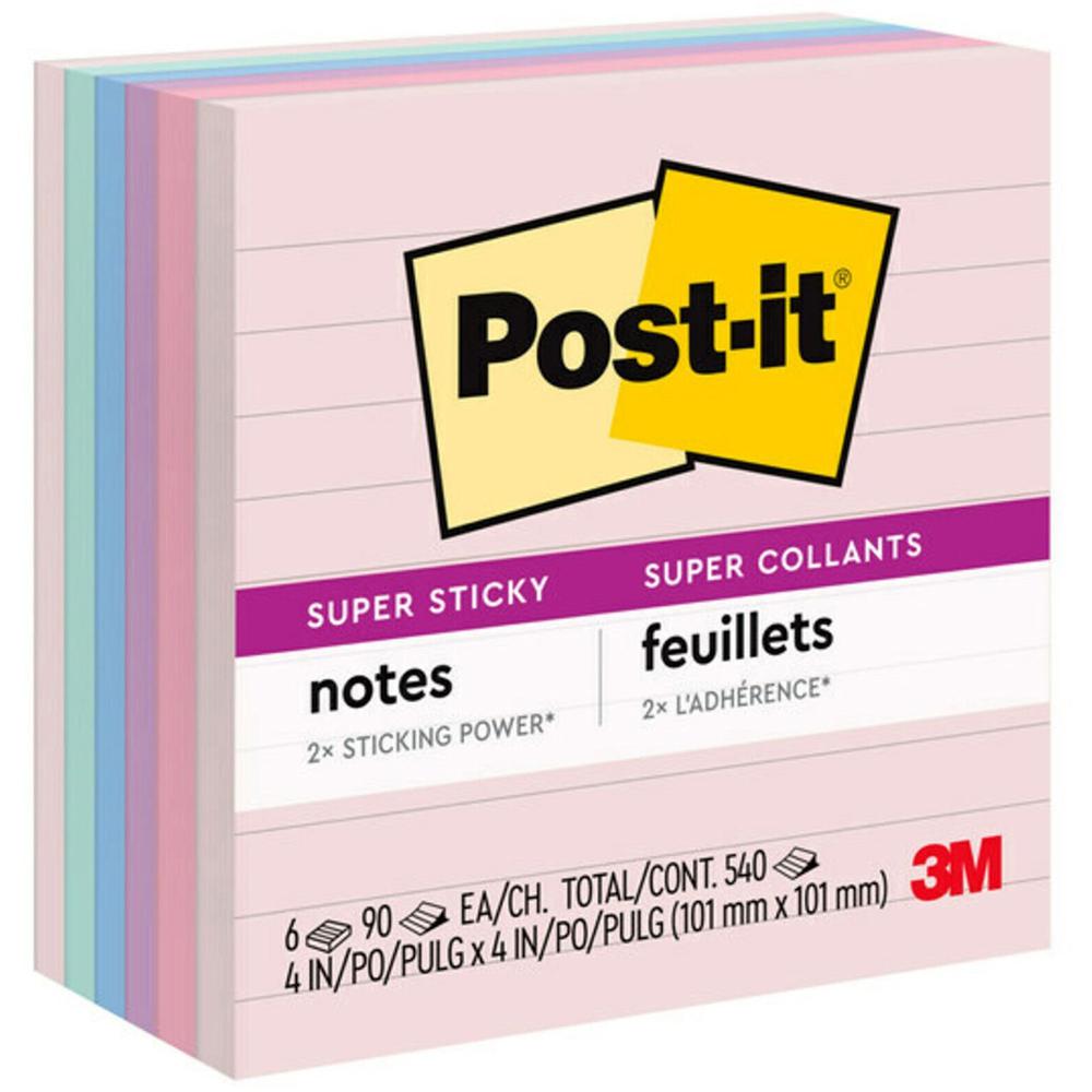 Post-it&reg; Super Sticky Lined Recycled Notes - Wanderlust Pastels Color Collection - 540 - 4" x 4" - Square - 90 Sheets per Pad - Ruled - Pink Salt, Orchid Frost, Washed Denim, Fresh Mint, Positivel. Picture 1