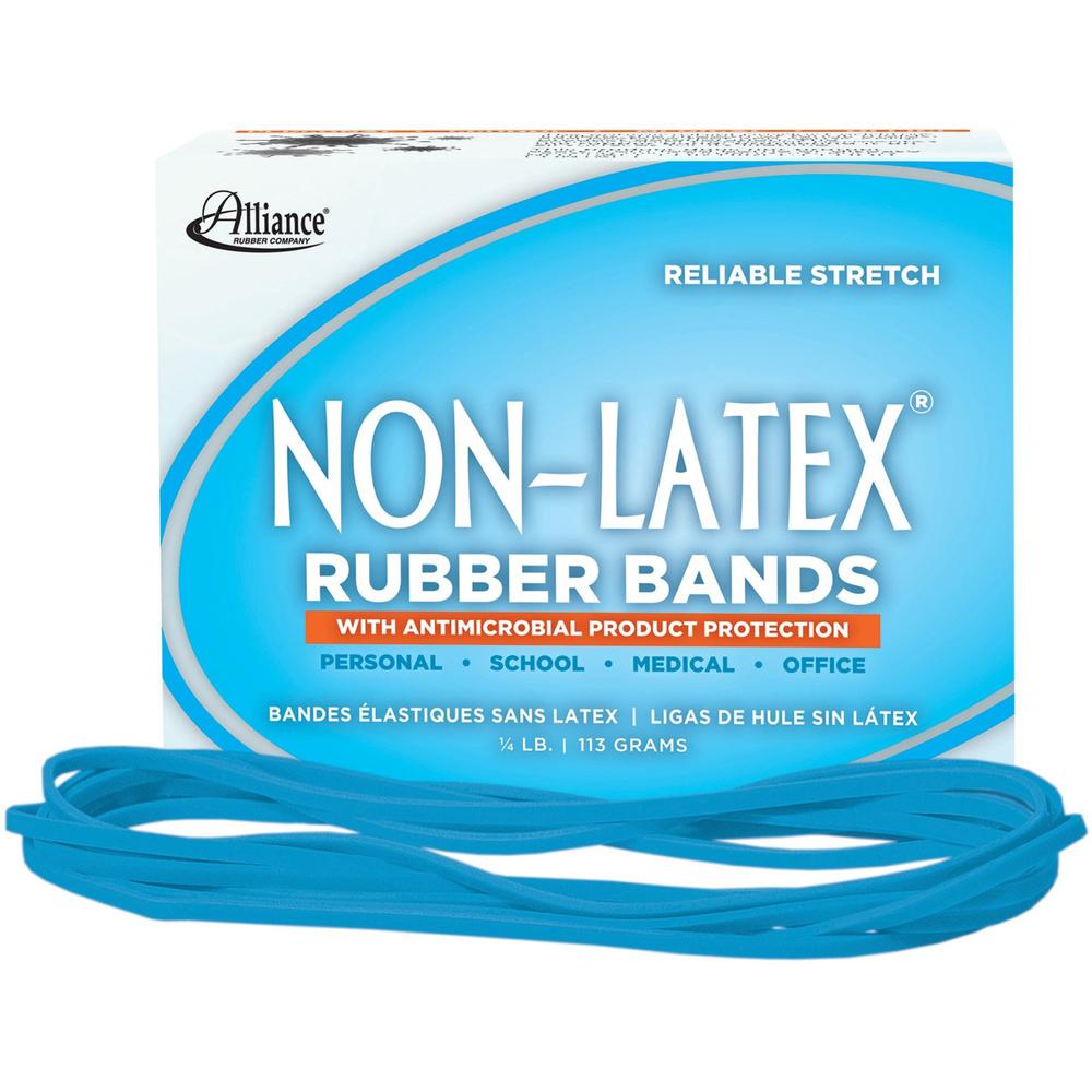 Alliance Rubber 42179 Non-Latex Rubber Bands with Antimicrobial Protection - Size #117B - 1/4 lb. box contains approx. 63 bands - 7" x 1/8" - Cyan blue. The main picture.