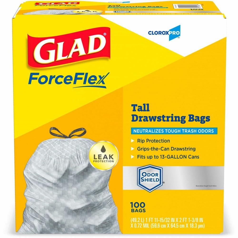 CloroxPro&trade; ForceFlex Tall Kitchen Drawstring Trash Bags - 13 gal Capacity - 24" Width x 25.13" Length - 90 mil (2286 Micron) Thickness - Gray - Plastic - 1/Box - 100 Per Box - Kitchen, Office, D. Picture 1