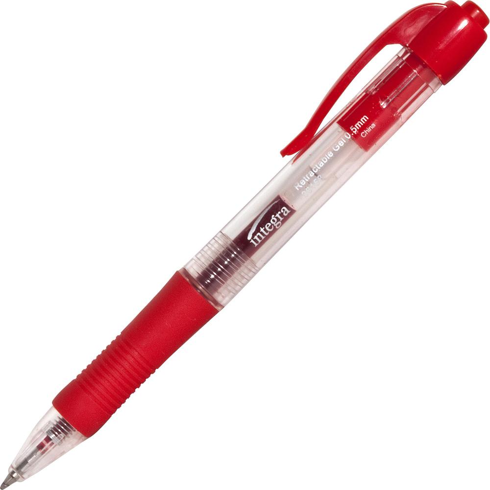 Integra Retractable 0.5mm Gel Pens - Fine Pen Point - 0.5 mm Pen Point Size - Retractable - Red - Red Barrel - Metal Tip - 1 Dozen. Picture 1
