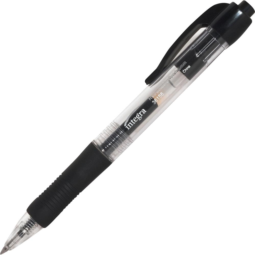 Integra Retractable 0.5mm Gel Pens - Fine Pen Point - 0.5 mm Pen Point Size - Retractable - Black Gel-based Ink - Black Barrel - Metal Tip - 1 Dozen. Picture 1