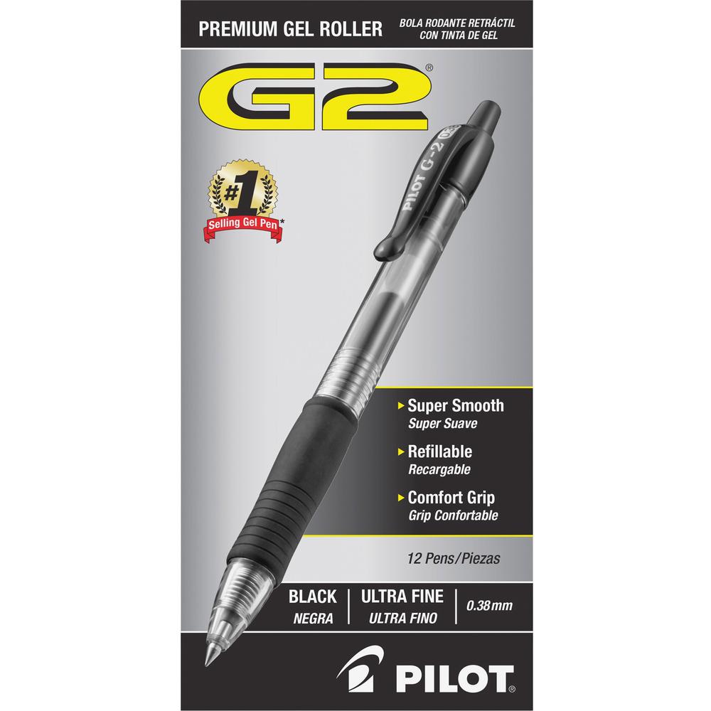 Pilot G2 Ultra Fine Retractable Pens - Ultra Fine Pen Point - 0.38 mm Pen Point Size - Refillable - Retractable - Black Gel-based Ink - Clear Barrel - 1 Dozen. The main picture.
