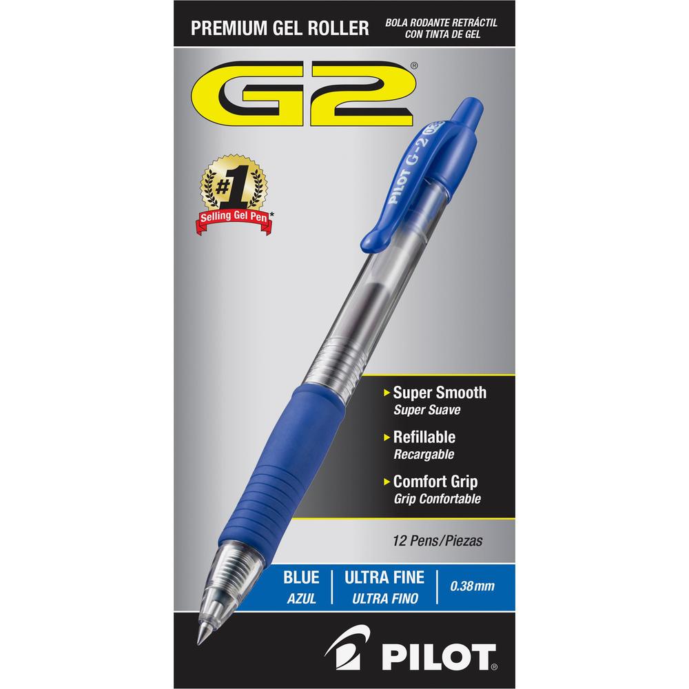 Pilot G2 Premium Gel Roller Retractable Pens - Ultra Fine Pen Point - 0.38 mm Pen Point Size - Refillable - Retractable - Blue Gel-based Ink - Clear Barrel - 1 Dozen. Picture 1