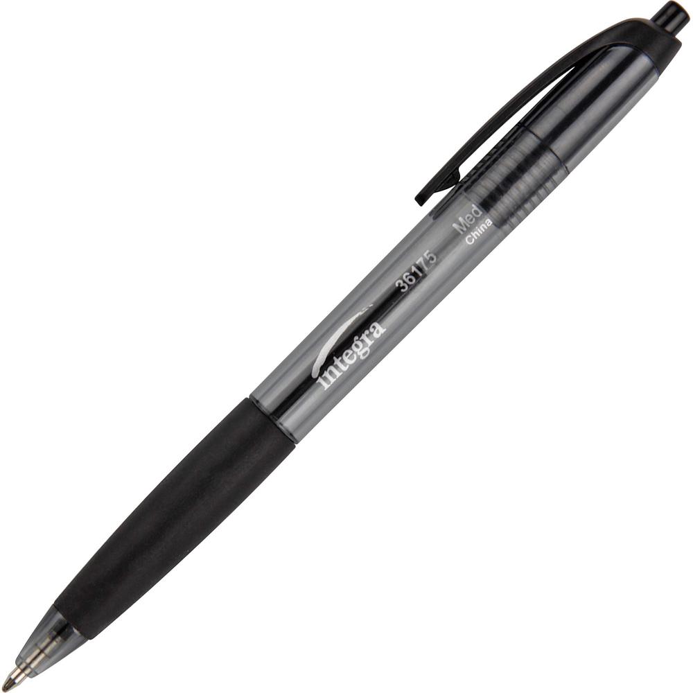 Integra Rubber Grip Retractable Pens - Medium Pen Point - 1 mm Pen Point Size - Retractable - Black - Black Barrel - 1 Dozen. The main picture.