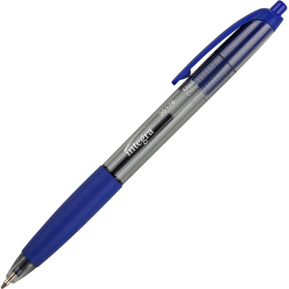 Integra Rubber Grip Retractable Pens - Medium Pen Point - 1 mm Pen Point Size - Retractable - Blue - Blue Barrel - 1 Dozen. Picture 1