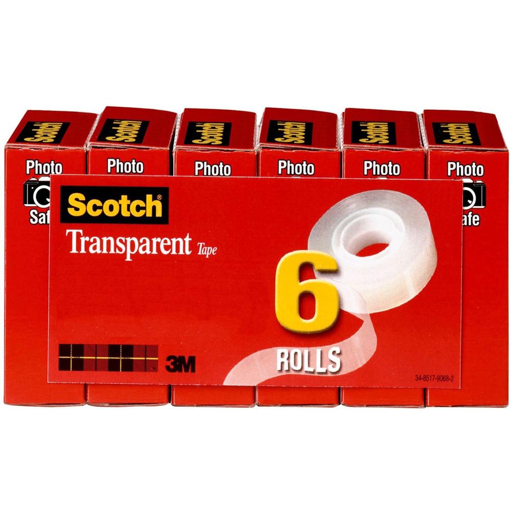 Scotch Transparent Tap - 3/4"W - 36 yd Length x 0.75" Width - 1" Core - Stain Resistant, Moisture Resistant, Long Lasting - For Wrapping, Sealing, Mending, Label Protection - 6 / Pack - Clear. Picture 1