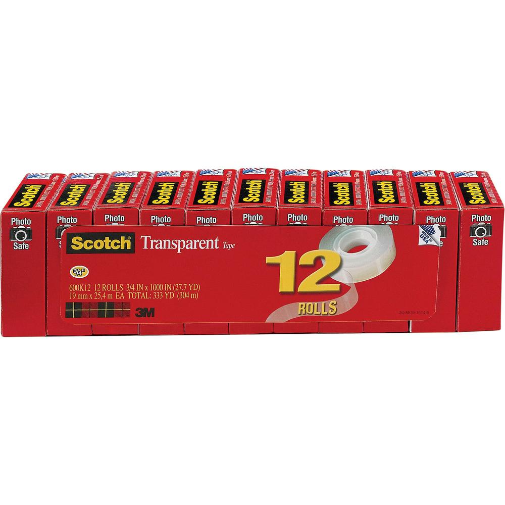 Scotch Transparent Tape - 3/4"W - 27.78 yd Length x 0.75" Width - 1" Core - Moisture Resistant, Stain Resistant, Long Lasting - For Wrapping, Sealing, Mending, Label Protection - 12 / Pack - Clear. Picture 1