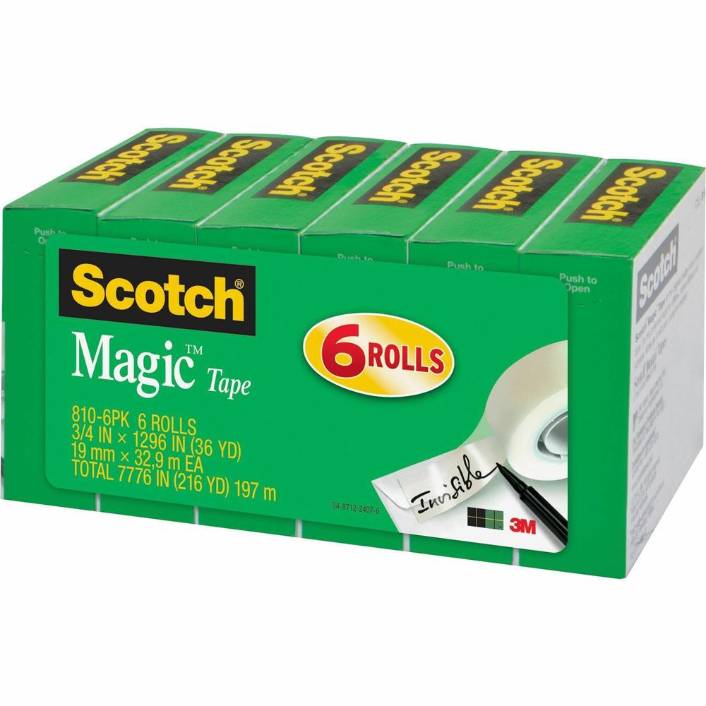 Scotch 3/4"W Magic Tape - 36 yd Length x 0.75" Width - 1" Core - Split Resistant, Tear Resistant - For Mending, Splicing - 6 / Pack - Matte - Clear. Picture 1