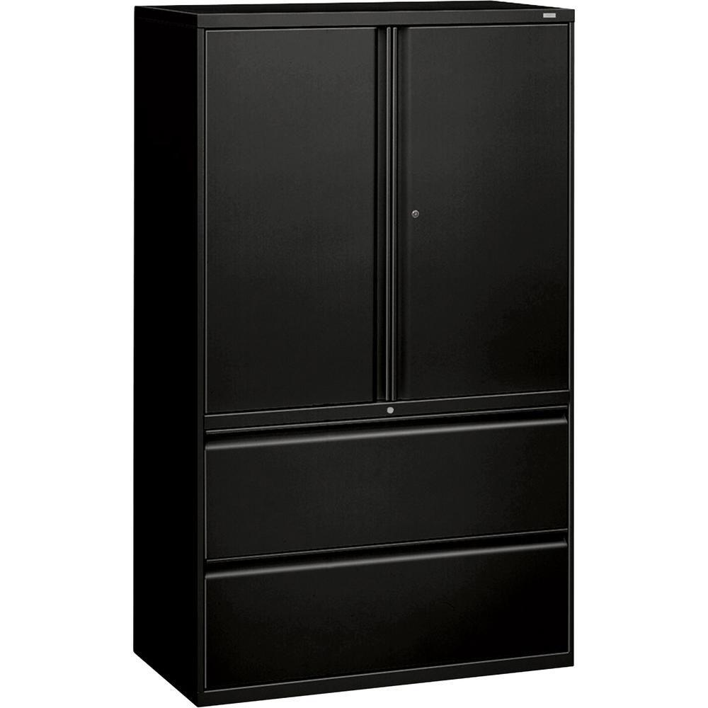 HON 800 Series Wide Lateral File with Storage Cabinet - 2-Drawer - 42" x 19.3" x 67" - 2 x Shelf(ves) - 2 x Drawer(s) for File - 2 x Side Open Door(s) - Legal, Letter - Lateral - Security Lock - Black. Picture 1