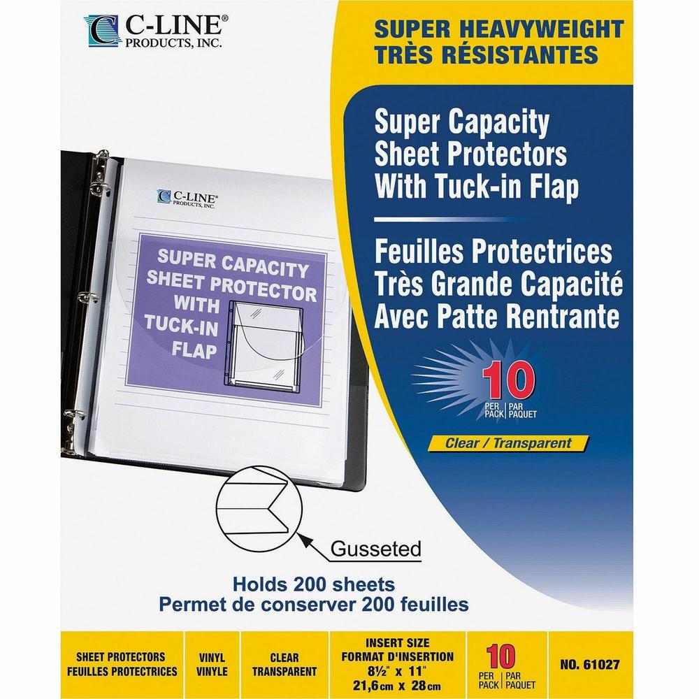 C-Line Super Capacity Super Heavyweight Vinyl Sheet Protectors with Tuck-In Flap - Clear, Top Loading, 11 x 8-1/2, 10/PK, 61027. Picture 1