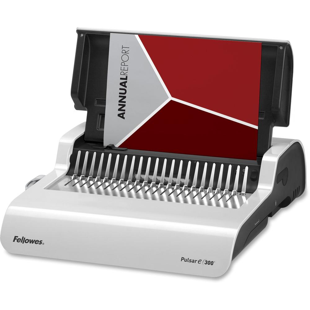 Fellowes Pulsar&trade; E 300 Electric Comb Binding Machine w/Starter Kit - CombBind - 300 Sheet(s) Bind - 20 Punch - 5.1" x 16.9" x 15.4" - White, Black. Picture 1