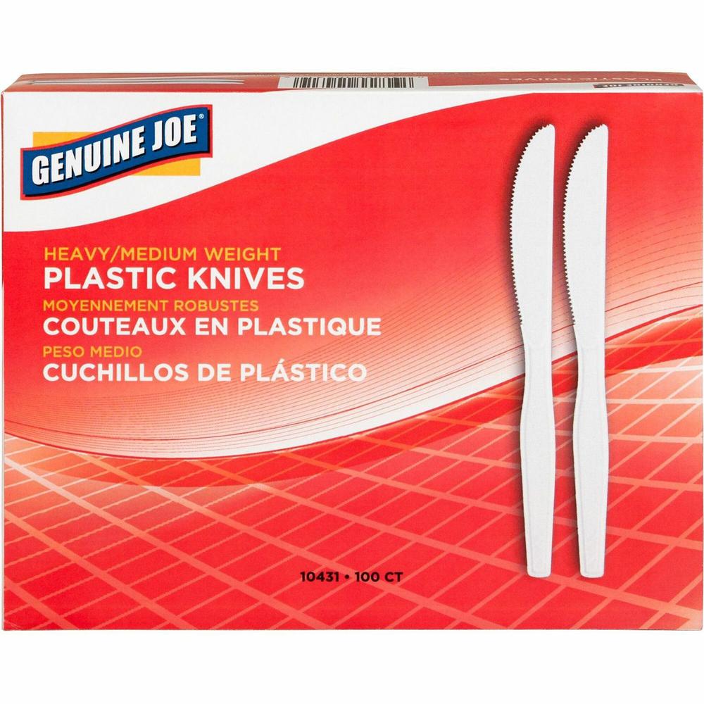 Genuine Joe Heavyweight Disposable Knives - 100/Box - Polystyrene - White. Picture 1
