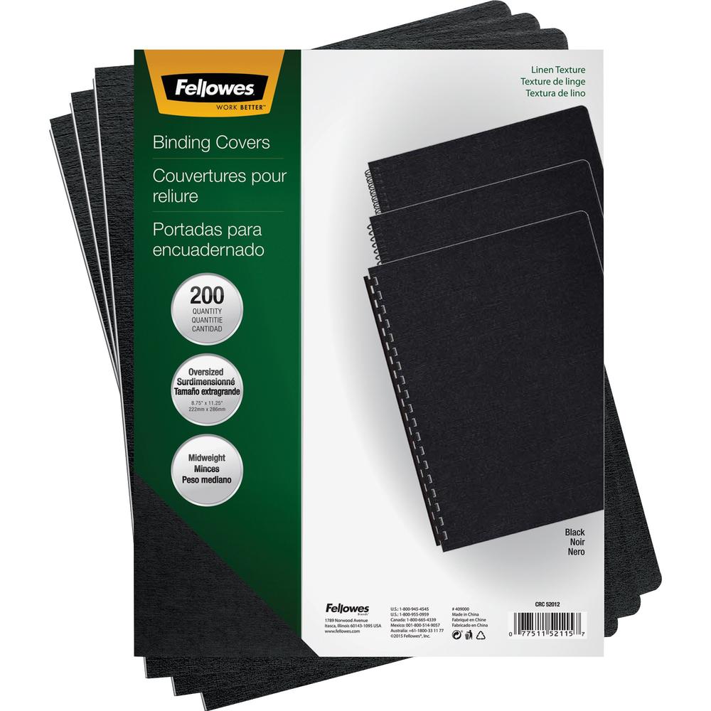 Fellowes Expressions&trade; Linen Presentation Covers - Oversize, Black, 200 pack - 11.3" Height x 8.8" Width x 0.1" Depth - 8 3/4" x 11 1/4" Sheet - Black - Linen - 200 / Pack. Picture 1