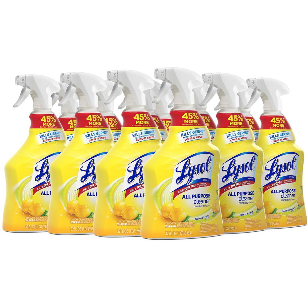 Lysol Lemon All Purpose Cleaner - Ready-To-Use - 32 fl oz (1 quart) - Lemon Breeze Scent - 12 / Carton - Deodorize, Disinfectant - Yellow. Picture 1
