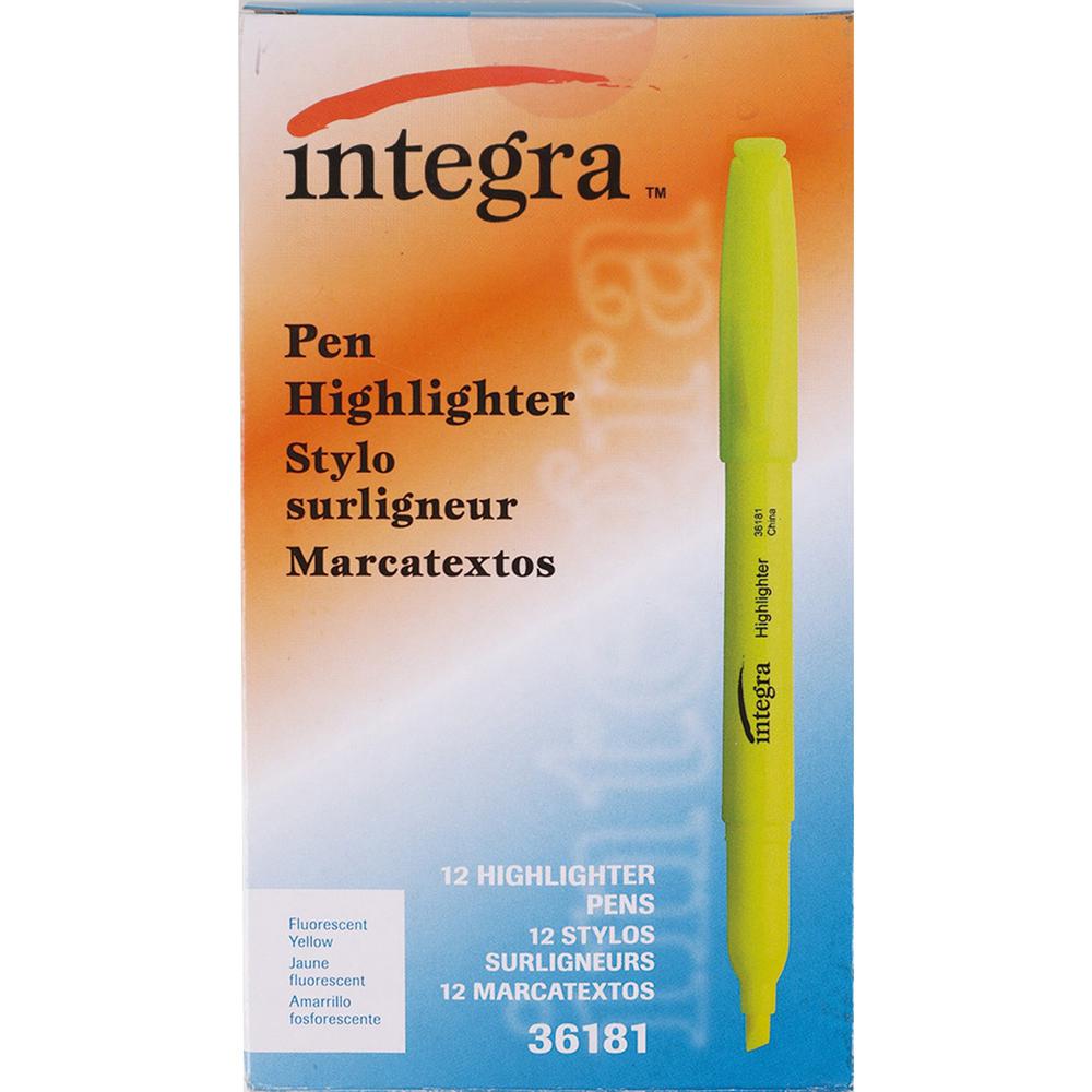 Integra Pen Style Fluorescent Highlighters - Chisel Marker Point Style - Yellow - 1 Dozen. Picture 1