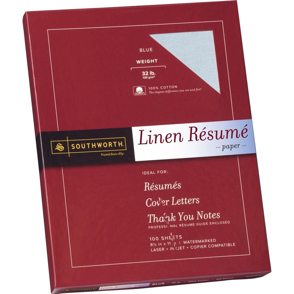Southworth 100% Cotton Resume Paper - Letter - 8 1/2" x 11" - 32 lb Basis Weight - Linen - 100 / Box - Acid-free, Watermarked - Blue. Picture 1