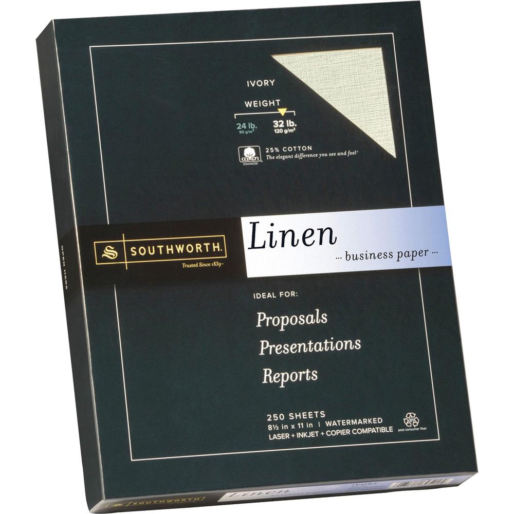 Southworth Linen Business Paper - 9 1/2" x 4 1/8" - 32 lb Basis Weight - Linen, Textured - 250 / Box - Acid-free, Watermarked, Date-coded - Ivory. Picture 1