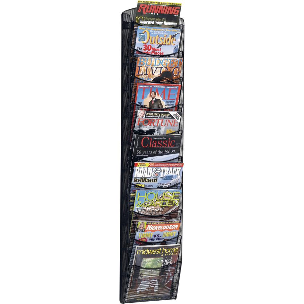 Safco 10-pocket Onyx Mesh Literature Rack - 10 Pocket(s) - 50.8" Height x 10.3" Width x 3.5" Depth - Wall Mountable - Powder Coated - Black - Steel - 1 Each. Picture 1
