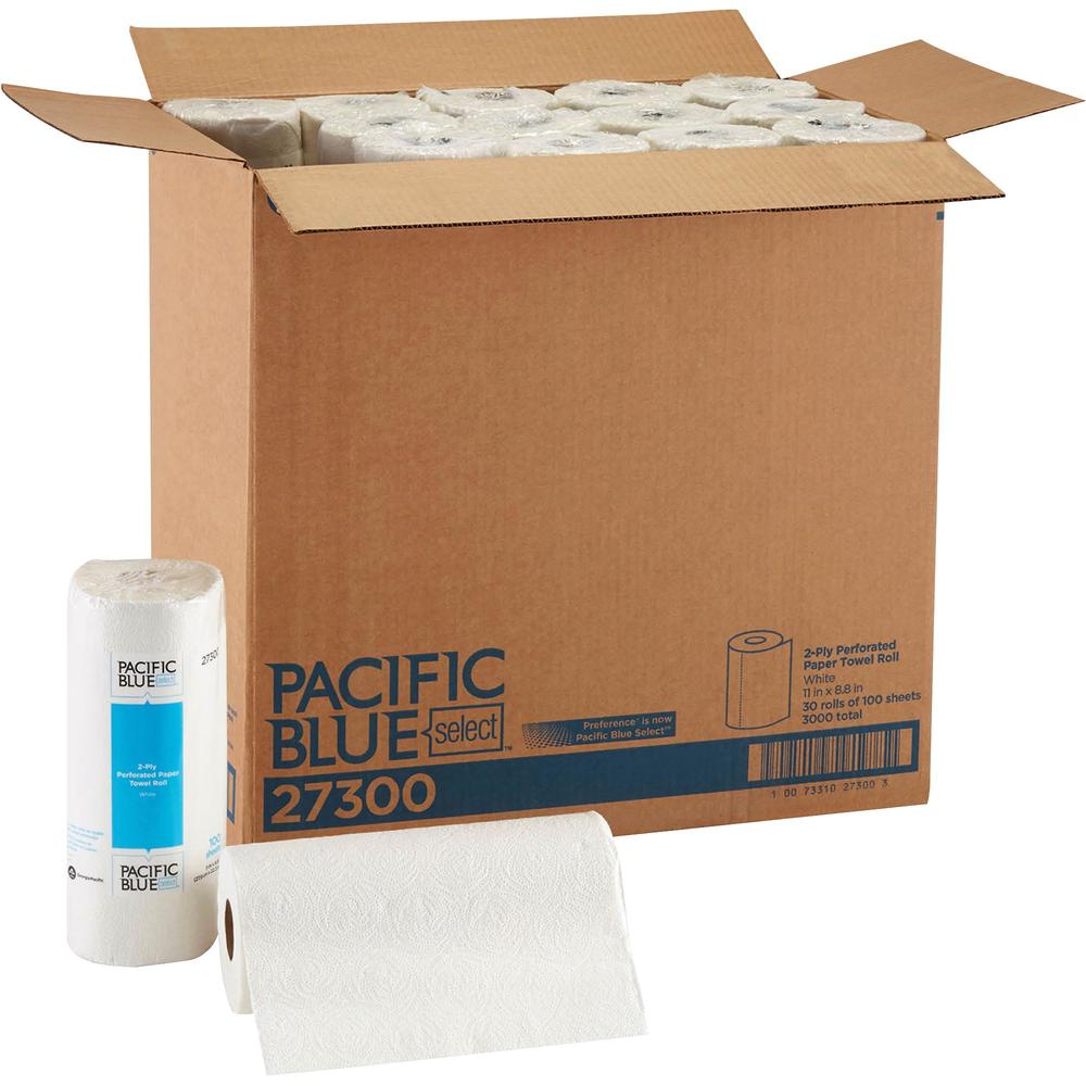 Pacific Blue Select Paper Towel Rolls by GP Pro - 2 Ply - 11" x 8.80" - 100 Sheets/Roll - 4.80" Roll Diameter - 1.63" Core - White - Paper - 30 Rolls Per Carton - 1 Carton. Picture 1