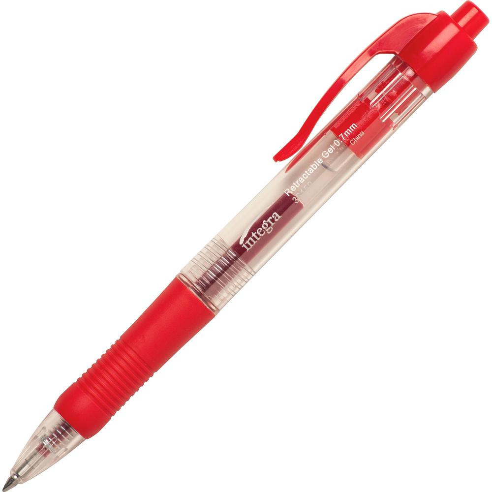 Integra Retractable 0.7mm Gel Pens - Medium Pen Point - 0.7 mm Pen Point Size - Retractable - Red Gel-based Ink - Red Barrel - Metal Tip - 1 Dozen. The main picture.