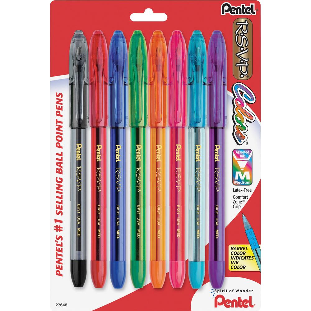 Pentel R.S.V.P. Multi Pack Stick Ballpoint Pens - Medium Pen Point - 1 mm Pen Point Size - Refillable - Assorted - Assorted Barrel - 8 / Pack. Picture 1