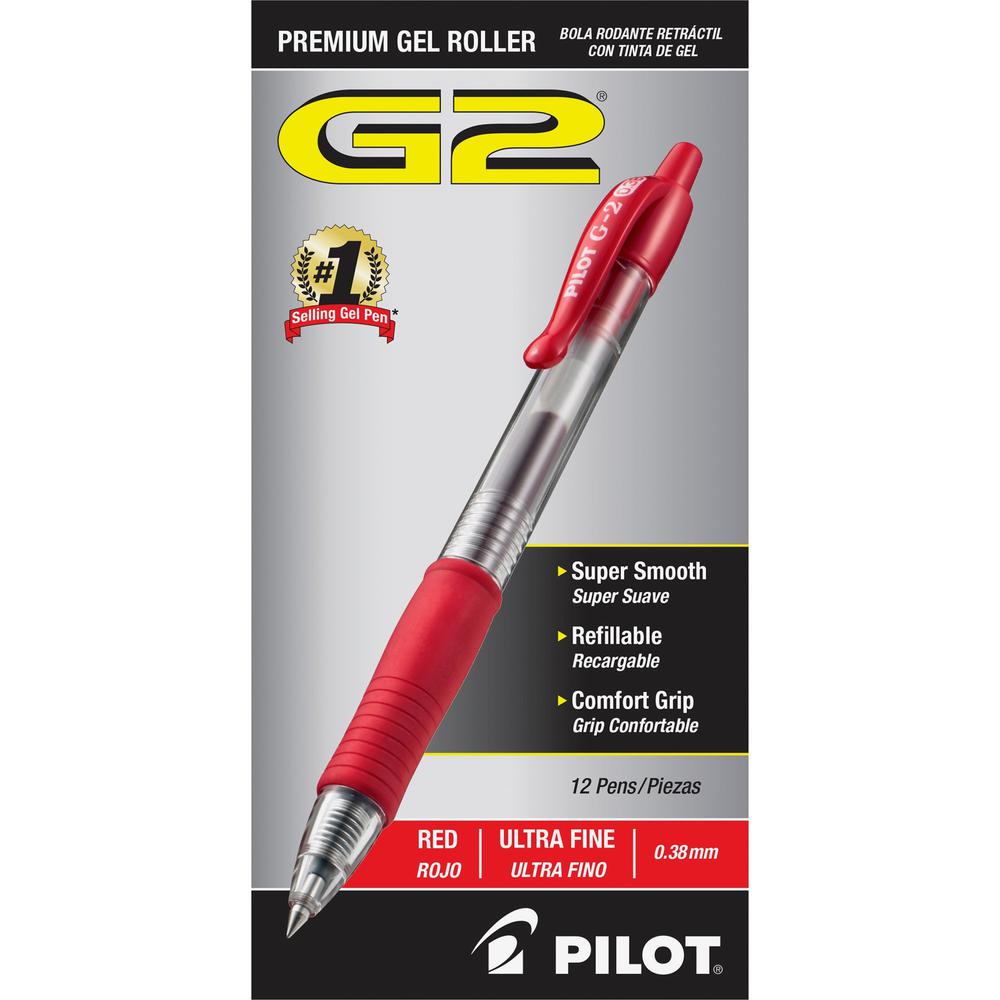 Pilot G2 Premium Gel Roller Retractable Pens - Ultra Fine Pen Point - 0.38 mm Pen Point Size - Refillable - Retractable - Red Gel-based Ink - Clear Barrel - 1 Dozen. Picture 1