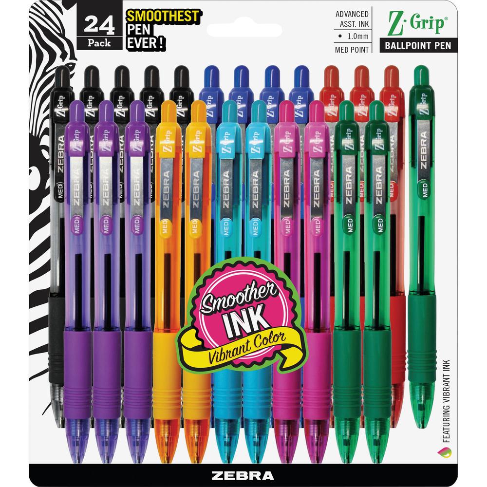 Zebra Z-Grip Retractable Ballpoint Pens - Medium Pen Point - 1 mm Pen Point Size - Retractable - Black, Blue, Red, Green, Violet, Orange, Teal, Fuschia - Clear Barrel - 24 / Pack. The main picture.