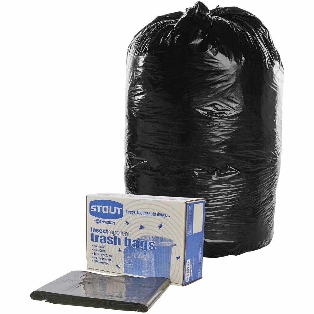 Stout Insect Repellent Trash Bags - 30 gal Capacity - 33" Width x 40" Length - 2 mil (51 Micron) Thickness - Black - Polyethylene - 90/Box - Recycled. Picture 1